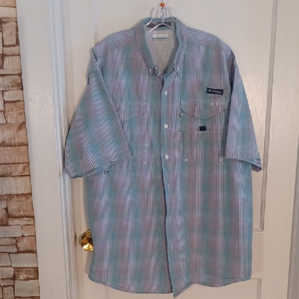 Columbia Men's Blue Plaid Shirt Size Large Tall Fishing Shirt